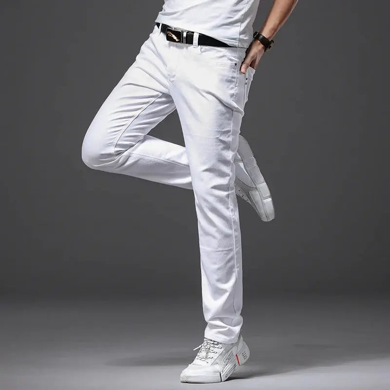 Men's white jeans by Simples Market, casual slim-fit stretch trousers with classic style