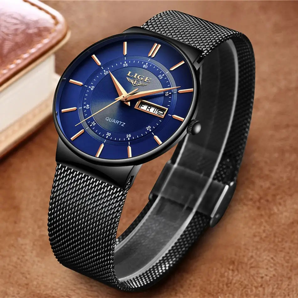 LIGE men's quartz watch with blue dial, gold-tone markers, black stainless mesh strap, date window