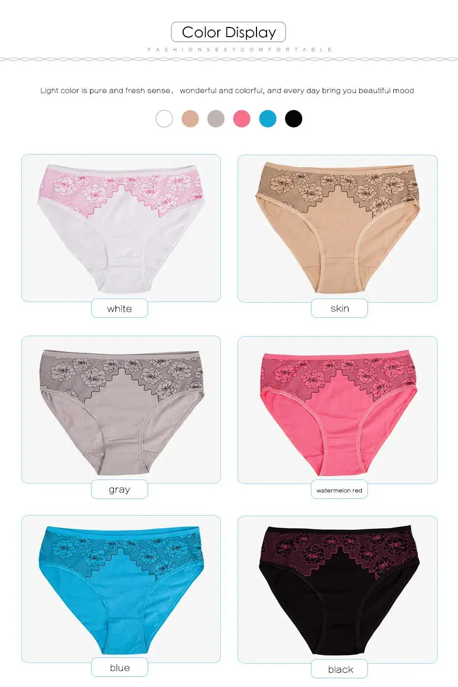 Women's cotton mid-rise briefs with lace-floral panels; Simples Market 6-pack in assorted colors.