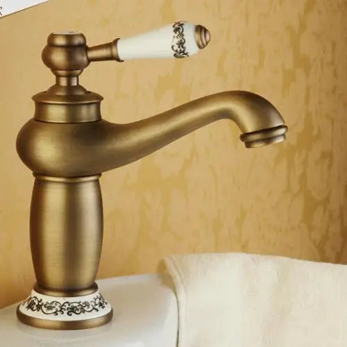 Simples Market ELFCT001 antique bronze bathroom faucet with white ceramic handle, solid brass, single-handle basin tap.