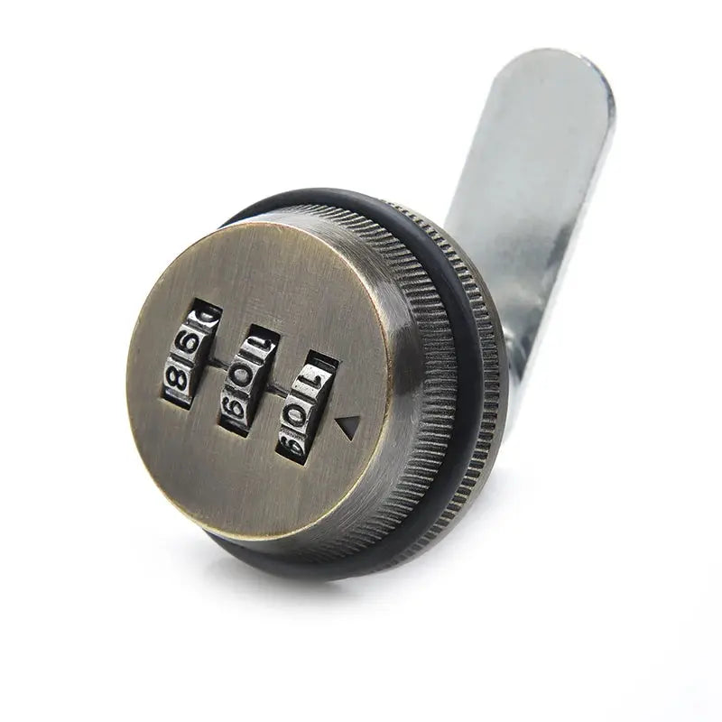 KAK combination cabinet lock in black and silver zinc alloy with three-digit dials and cam lever.