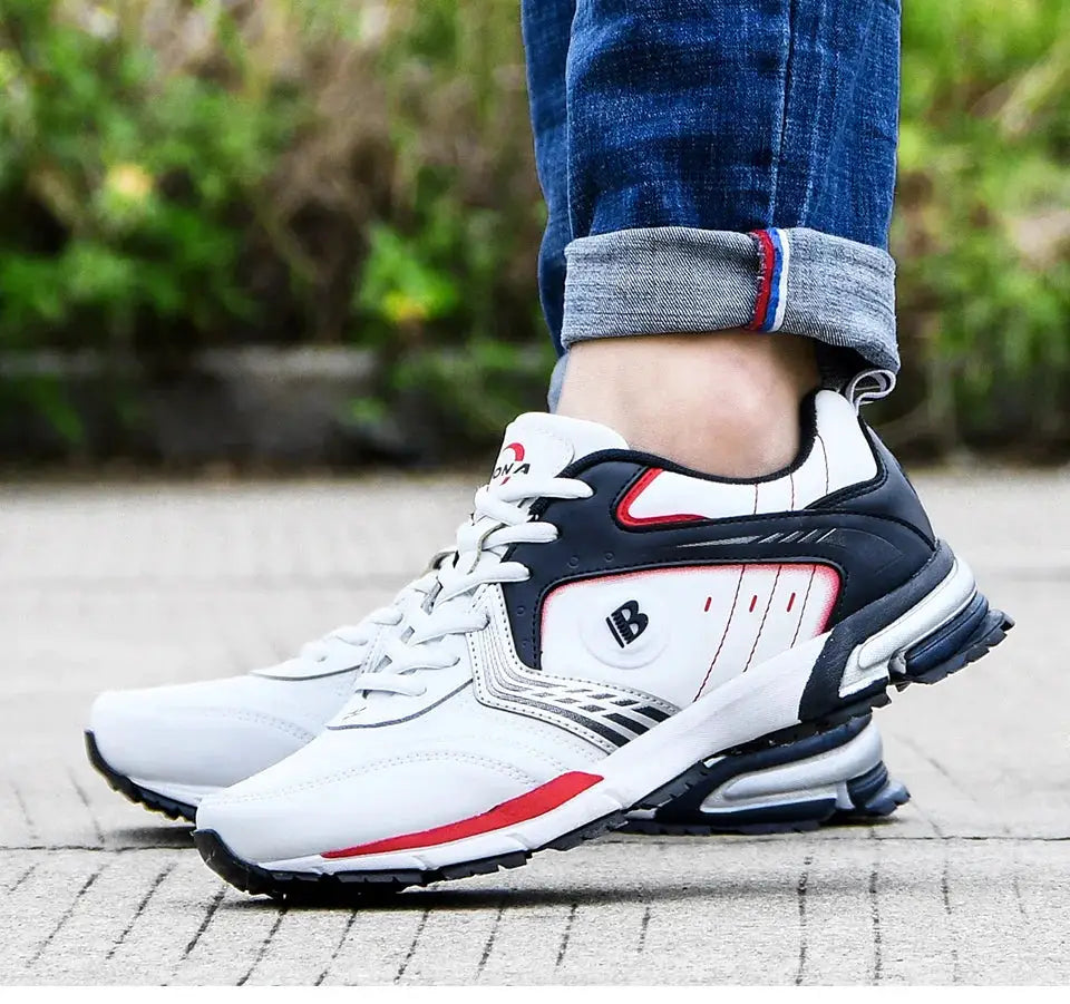 BONA men's running shoes white with black and red accents, lace-up breathable sneakers for walking and jogging.