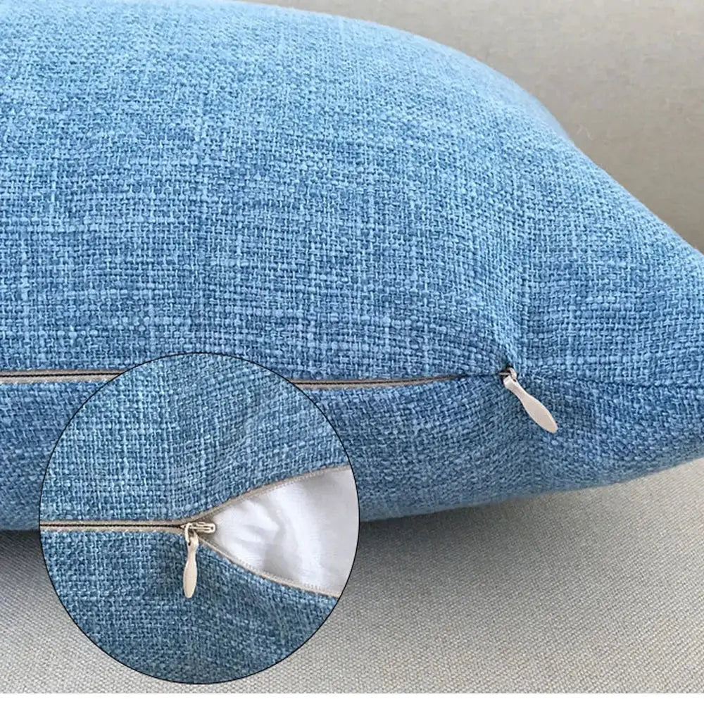 Sofa cushion cover in blue textured fabric with hidden zipper