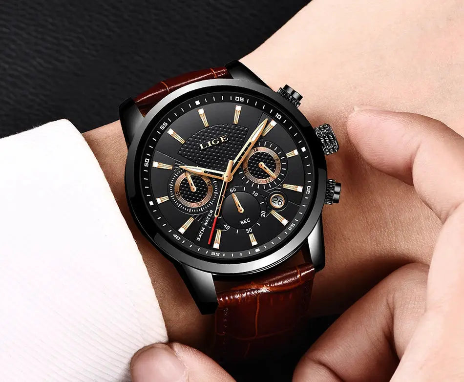 LIGE men's watch with black dial, gold-tone hands and markers, chronograph subdials, brown leather strap
