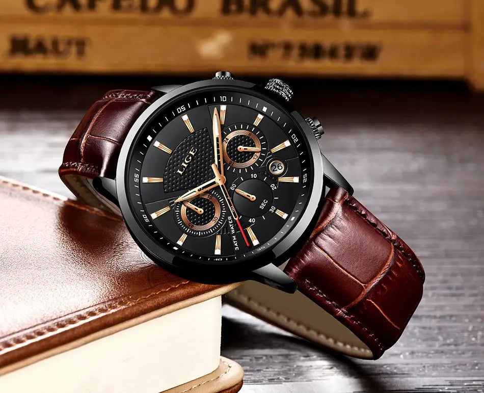 LIGE men's luxury leather quartz watch with black dial and gold-tone hands, brown strap, in box