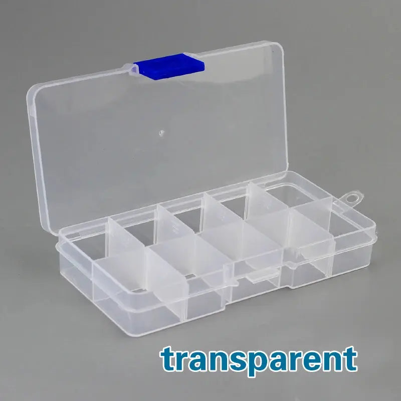 Jewelry storage box with 10 slots, transparent plastic case and hinged lid