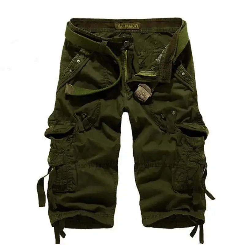 Men's olive green cotton cargo shorts with knee-length cut and multiple pockets