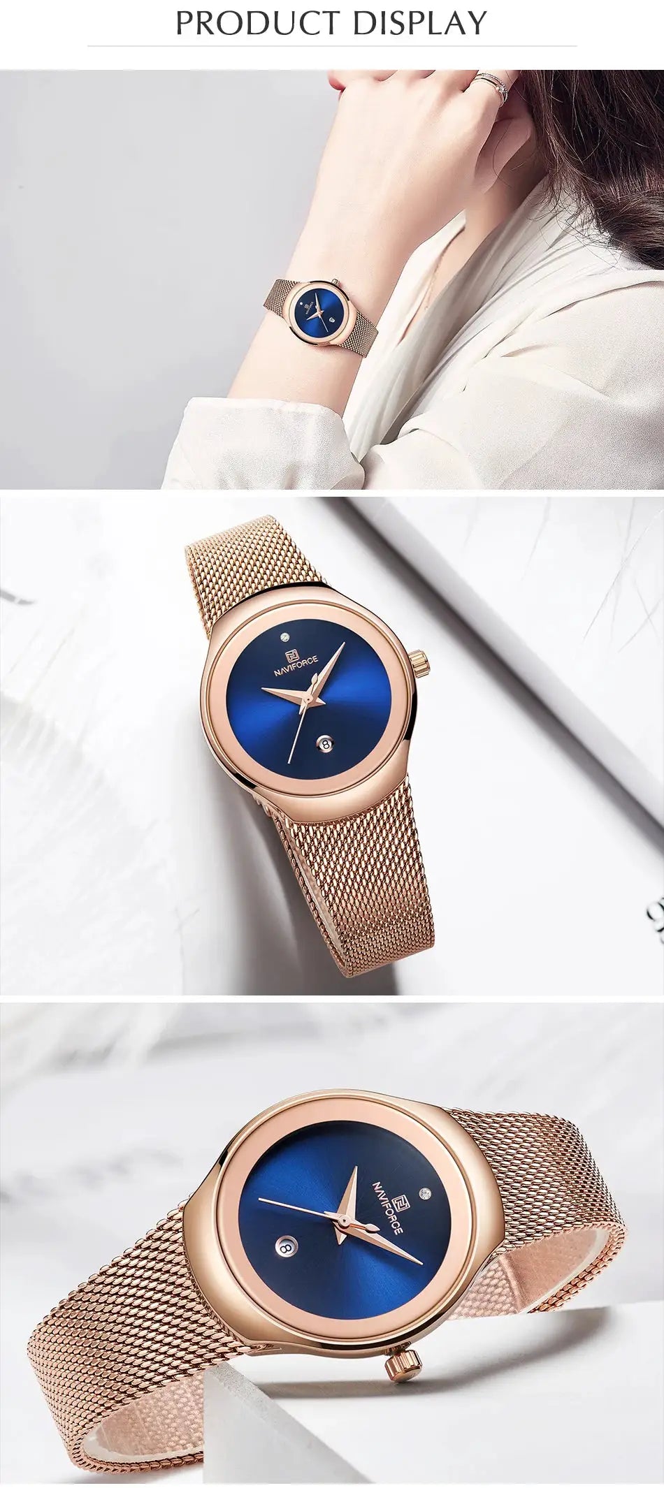 NAVIFORCE women’s rose-gold watch with blue dial and mesh stainless-steel band
