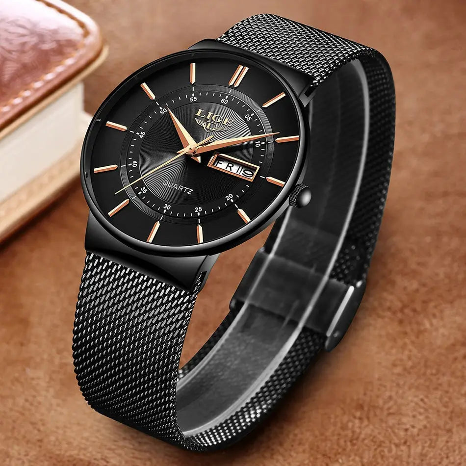 LIGE men's quartz wrist watch with black dial, rose-gold hands, date window, and stainless steel mesh strap