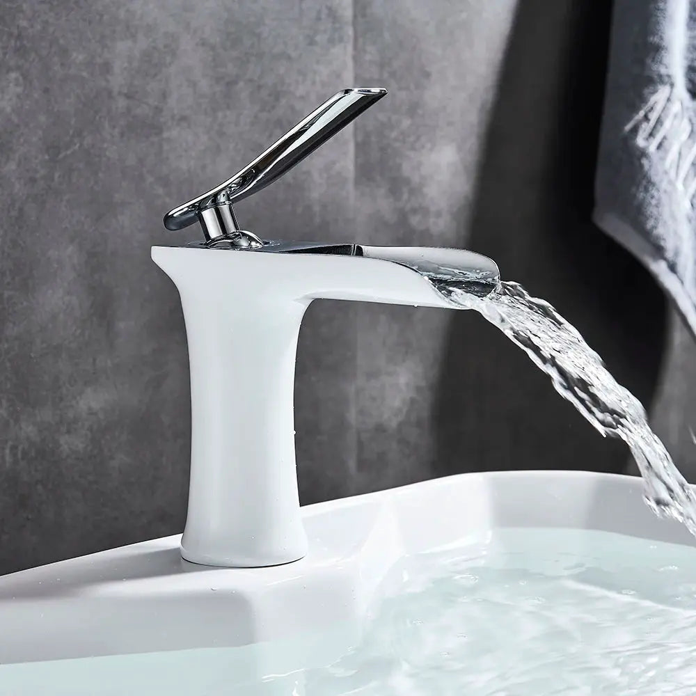 Basin faucet with single-handle waterfall spout in chrome finish for bathroom sink