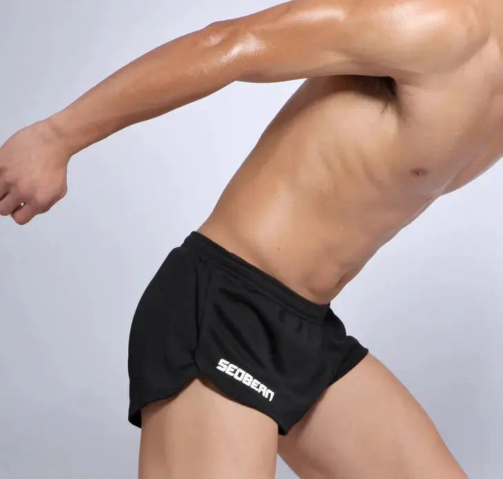 SEOBEAN men's black sports running shorts with SEOBEAN logo