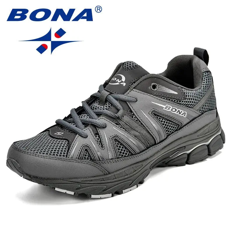 BONA men's running shoes, gray mesh upper with microfiber overlays, lace-up outdoor sneakers