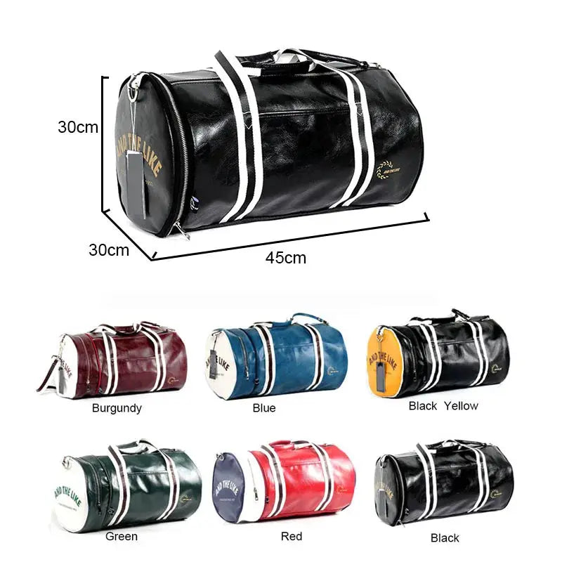 Sport gym bag with shoes storage pocket, waterproof leather, Simples Market; available in 7 color options.