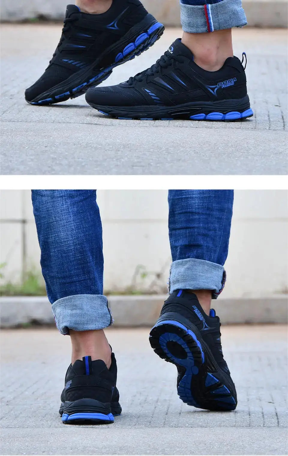Men's BONA running shoes in black with blue accents, breathable athletic sneakers