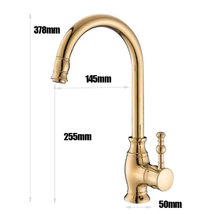 Simples Market XT-169 gold brass kitchen faucet with single-handle, high-arc swivel spout.