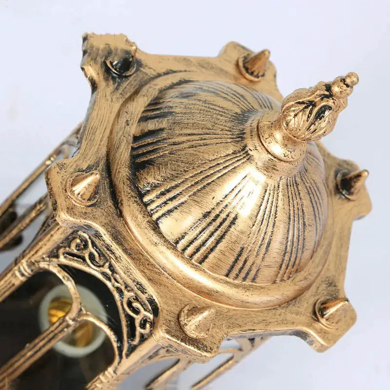 Retro outdoor E27 wall lamp in brass finish with ornate vintage lantern housing