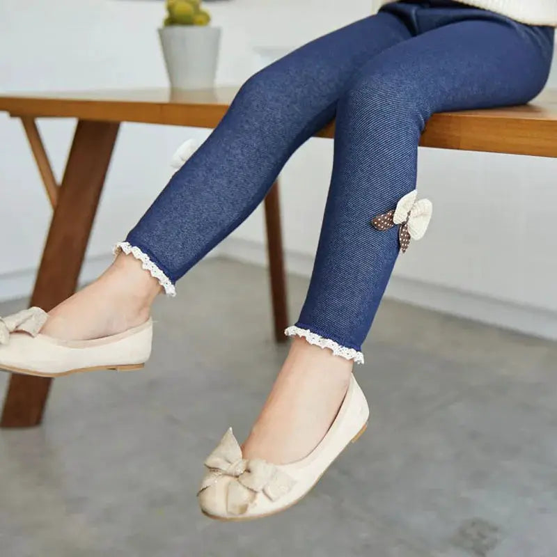 Girls Thick Warm Winter Spring Jeans Bow Bottom Leggings Trousers For Children Ages 7 To 13 Years ROYGCBP
