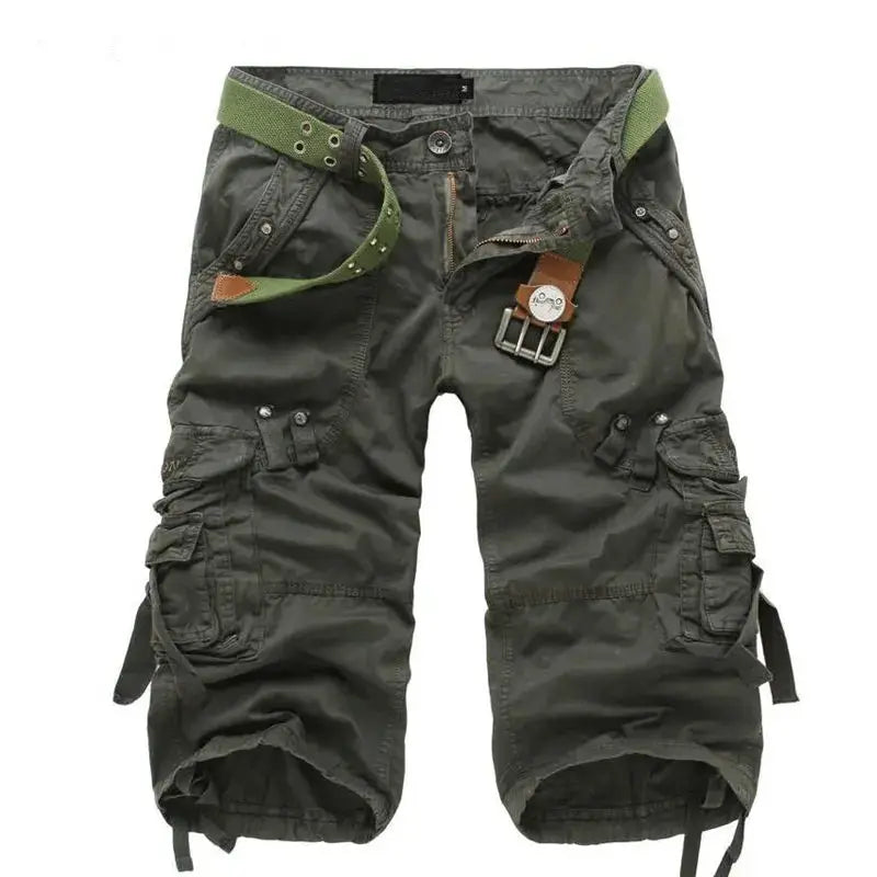 Men's cargo shorts by Simples Market in olive green, knee-length cotton with multiple pockets and belt.
