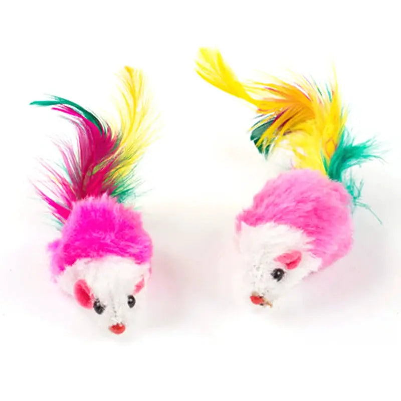 Two cute mini fleece mouse cat toys with colorful rainbow feather tails by Simples Market