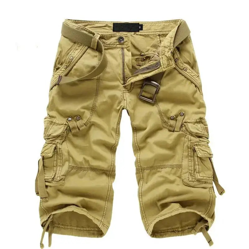 Men's cargo shorts by Simples Market, khaki knee-length cotton shorts with belt and multiple pockets.