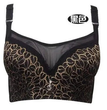 Push-up black lace bra with gold floral embroidery and center jewel.
