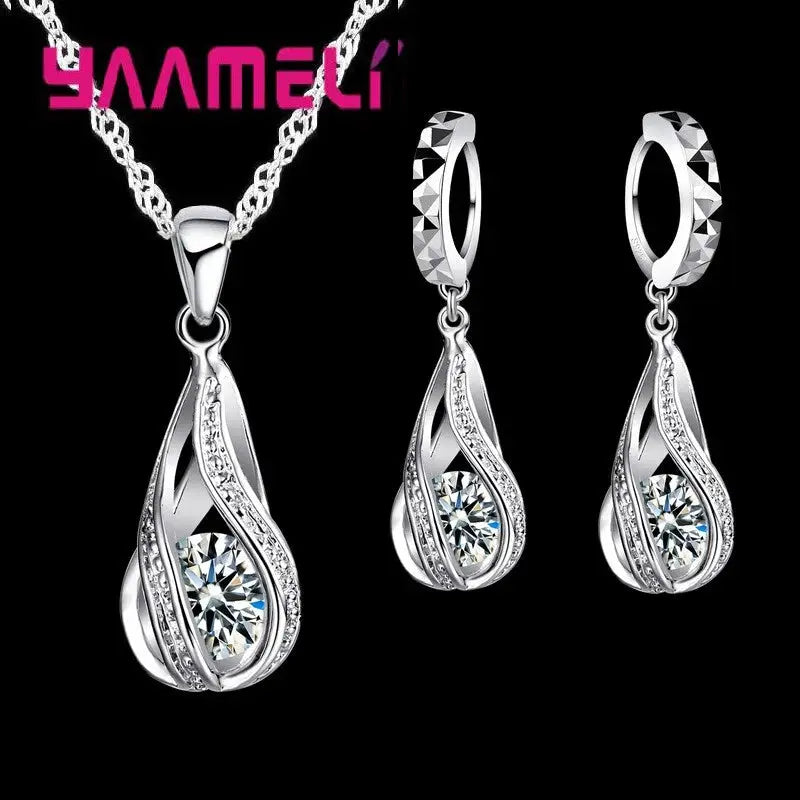 Water Drop CZ 925 Sterling Silver Plated Jewelry Set For Women Pendant Necklace And Hoop Earrings For Wedding Ceremony