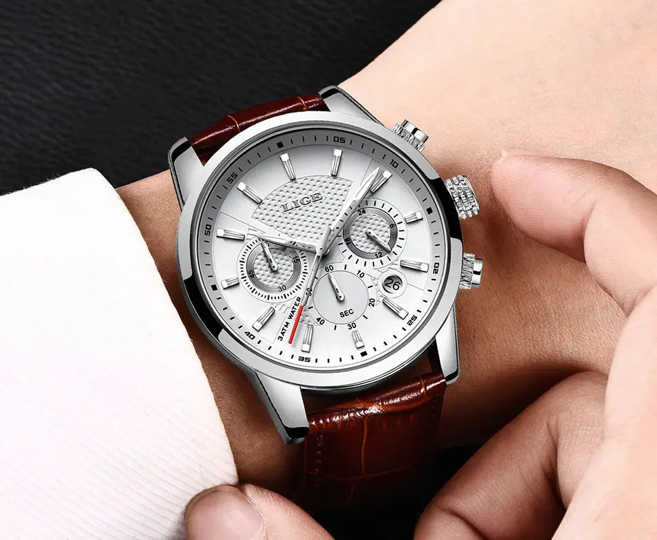 LIGE men's quartz chronograph watch with silver case, white dial, and brown leather strap