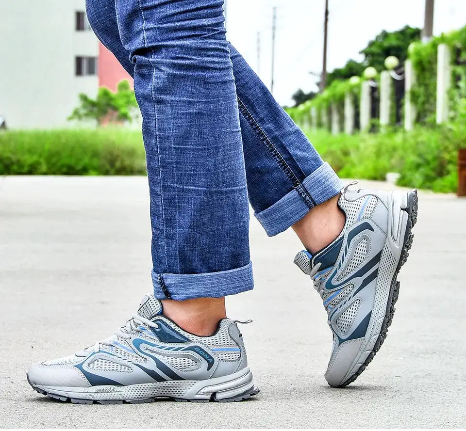 BONA men's running shoes in gray mesh with blue accents and rugged outsole