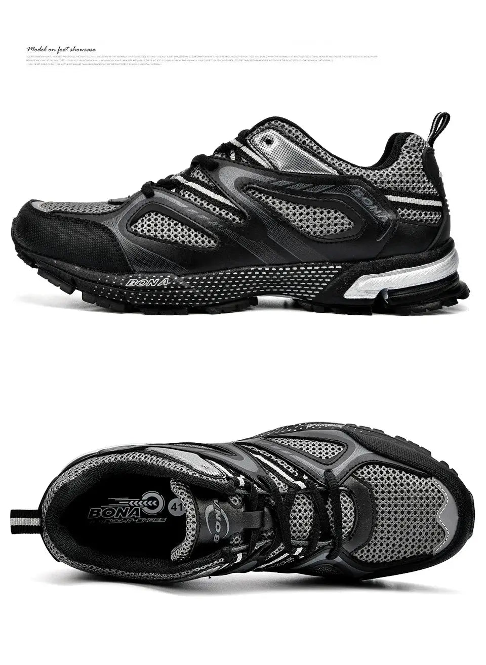 BONA men's running shoes, black and gray mesh, lace-up athletic sneakers (pair)