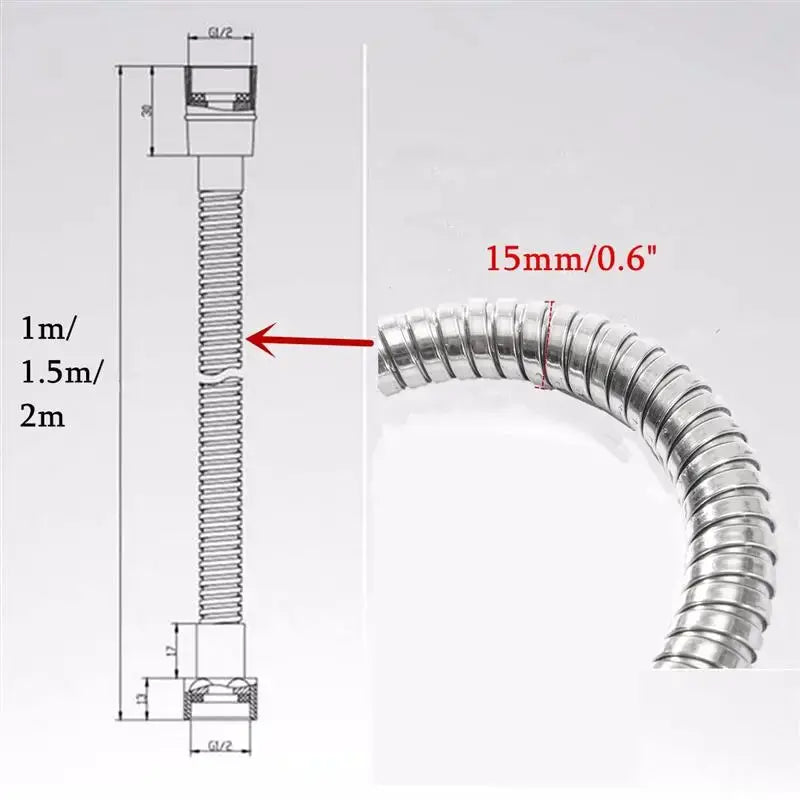 MTSPACE stainless steel flexible shower hose by Simples Market, chrome finish, G1/2in connectors, 1m/1.5m/2m lengths