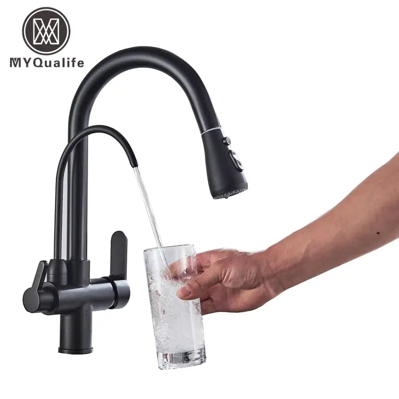 Matte black dual-handle pull-out kitchen faucet with high-arc spout and spray head; MYQualife logo visible