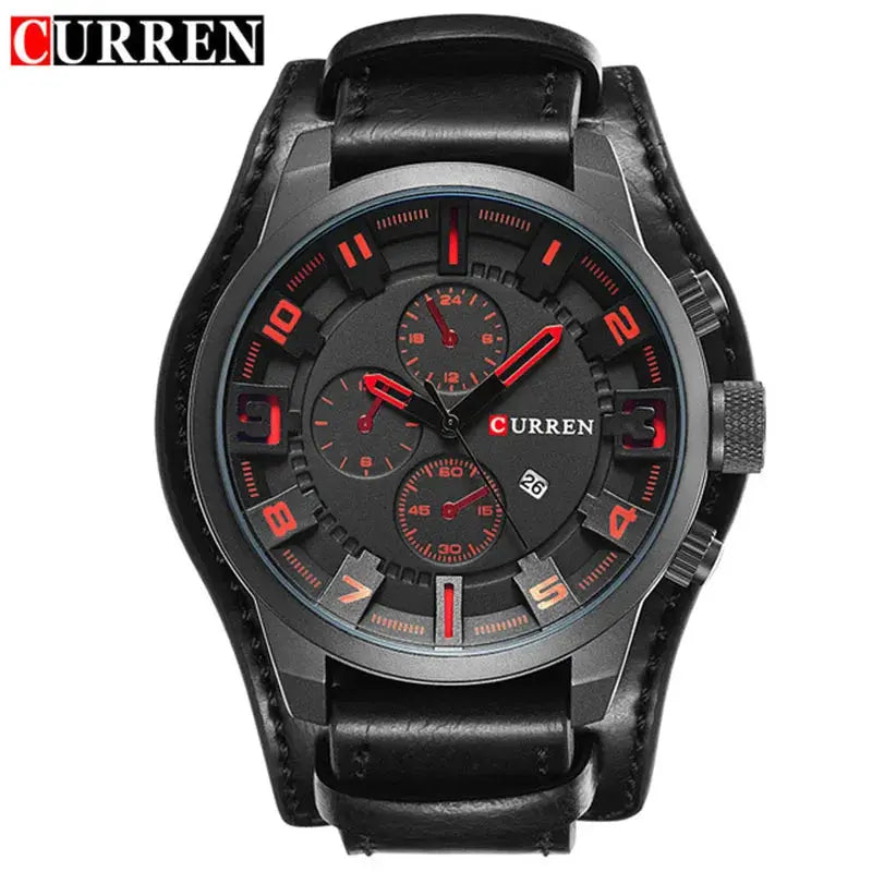 Curren men's leather-strap quartz chronograph watch with black dial, red accents, date window
