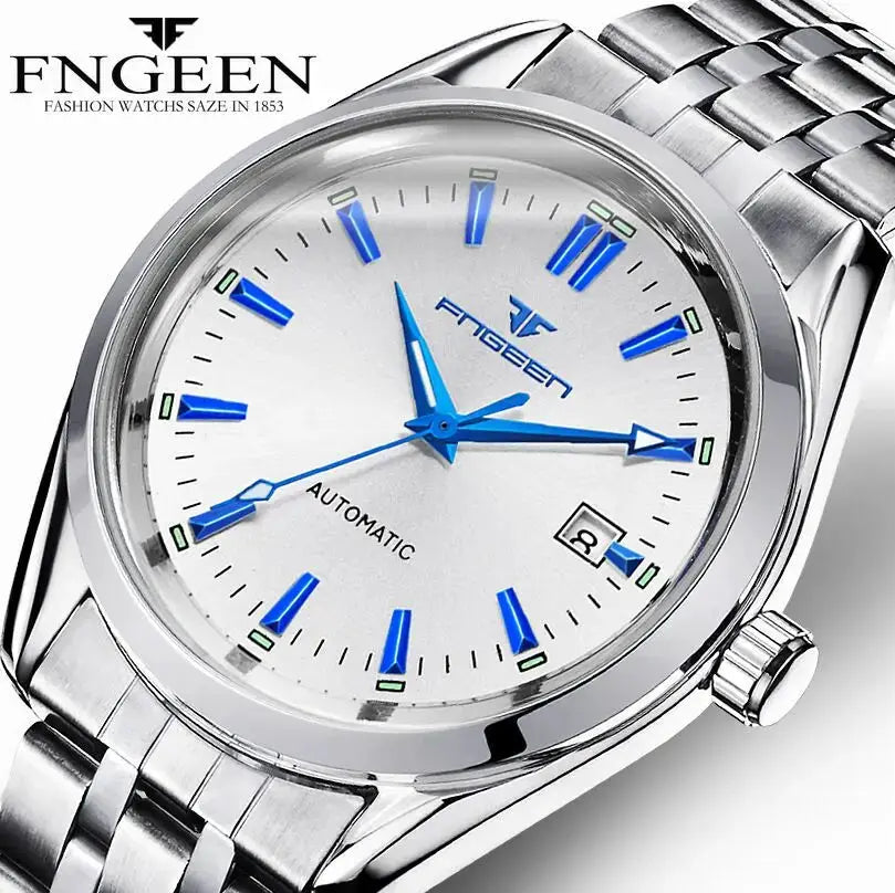 FNGEEN wristwatch stainless steel automatic with blue hands and markers, calendar date window