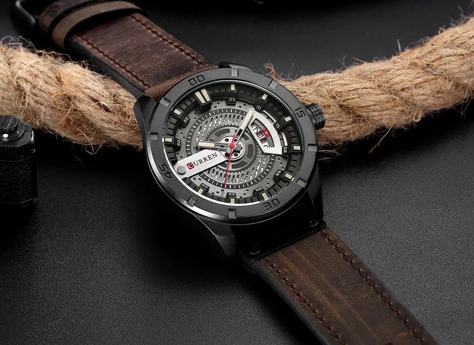 CURREN men's military-style sport watch with black case, skeleton dial, brown leather strap, quartz date display.