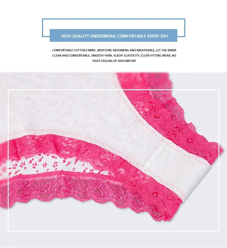 Women's pink lace-trim panties with white cotton panel