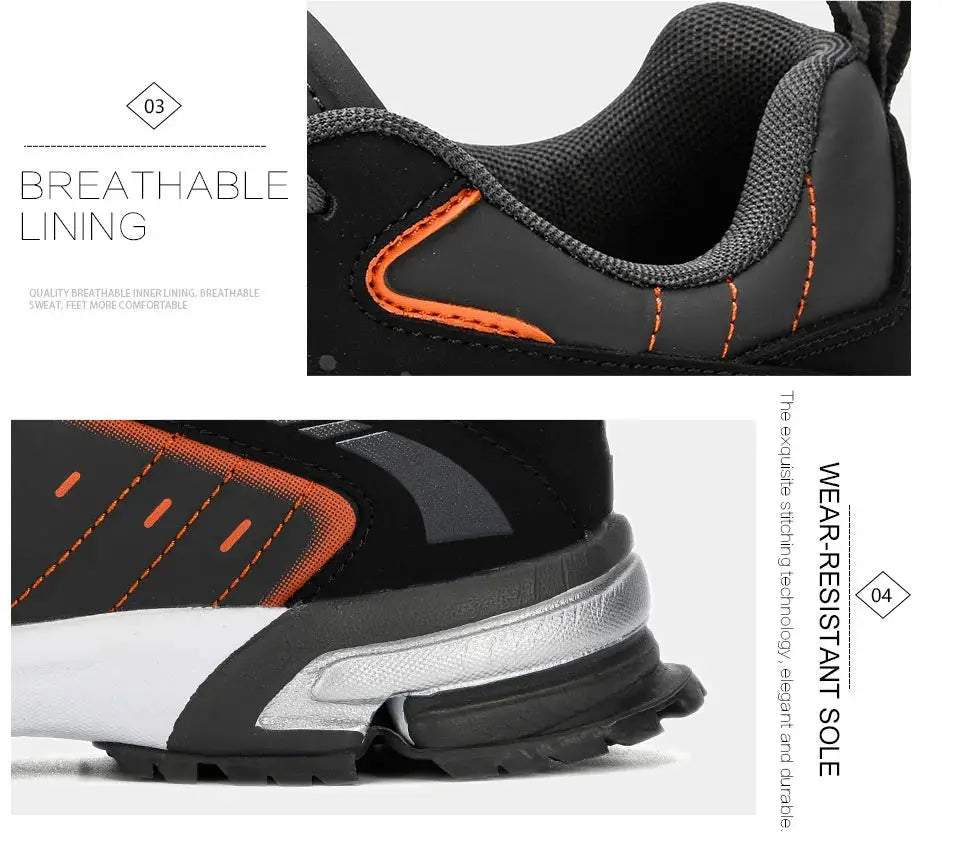 BONA men's running shoes in black with orange accents; breathable lining, lace-up athletic sneakers.