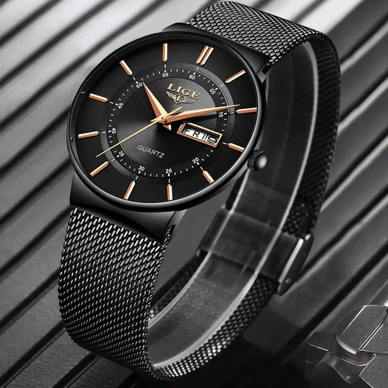 LIGE men's watch with black dial, gold-tone hands, date display, quartz, stainless steel mesh strap