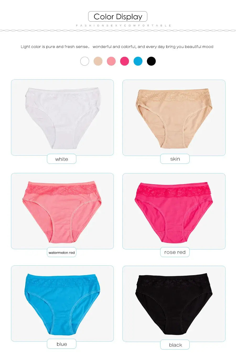 Simples Market women's cotton briefs set, 6-pcs; white, skin, watermelon red, rose red, blue, black; mid-rise.