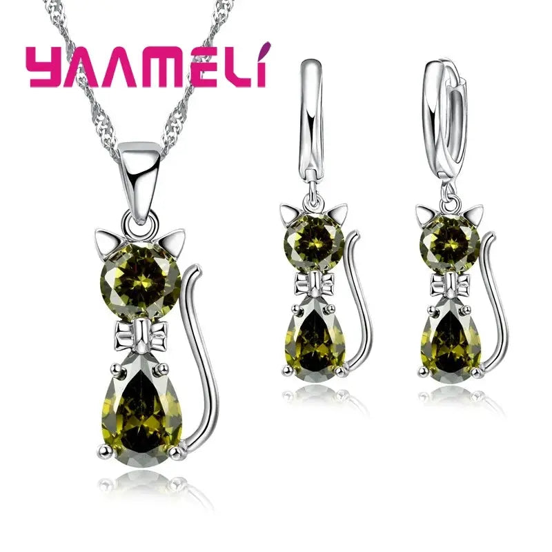 Real 925 Sterling Silver Cat Pendant Necklace And Huggie Earrings With Austrian Crystal Jewelry Set For Women And Girls