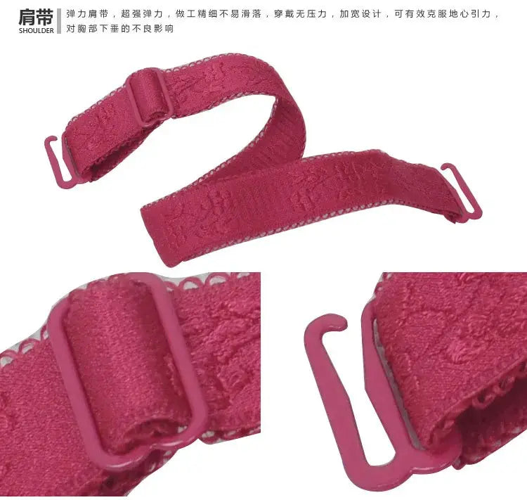 Pink lace bra strap with adjustable buckle and hook fastener