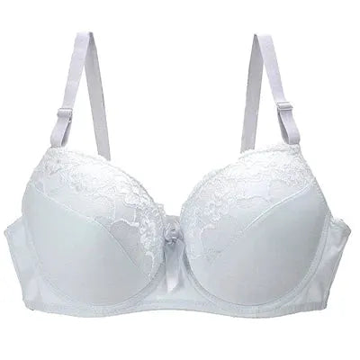 Lace bra, white with underwire and adjustable straps, center bow detail