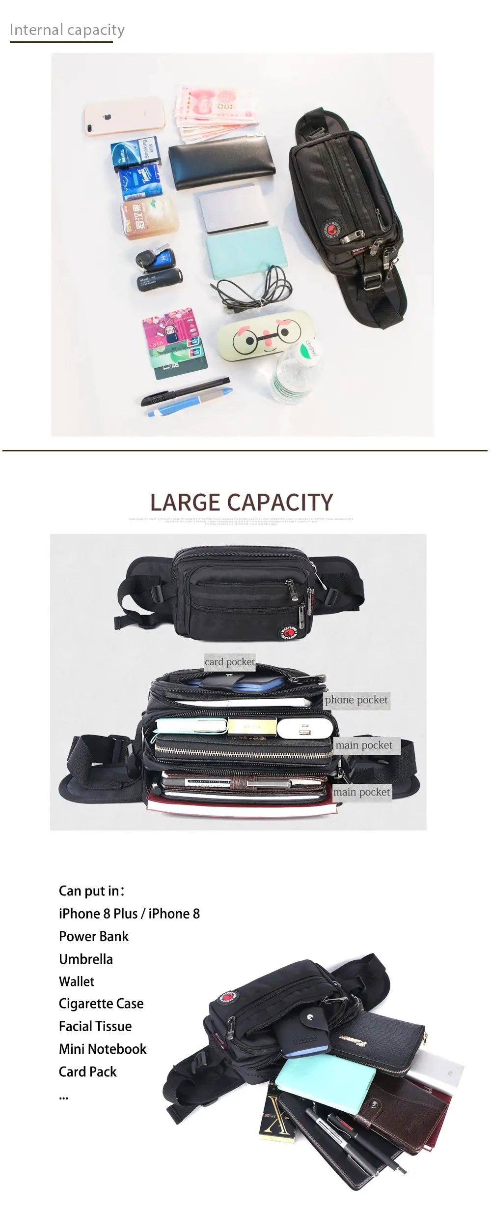 Simples Market waist pack, black waterproof unisex fanny bag with multiple zip pockets