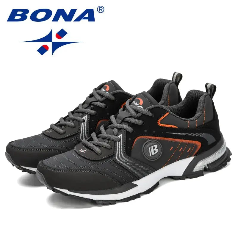BONA men's running shoes pair, black/gray with orange accents, lace-up breathable sneakers