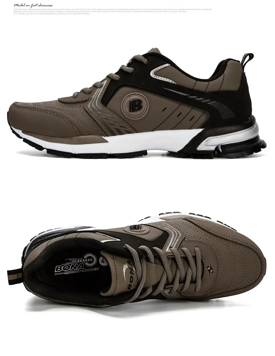 BONA men's brown running shoes with black overlays, lace-up athletic sneakers.