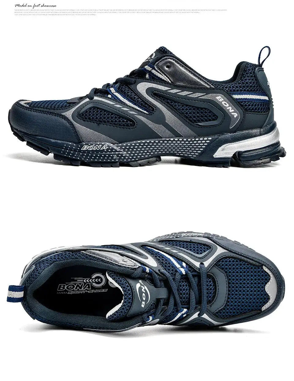 Men's running shoes by BONA, navy mesh with grey overlays and lace-up design