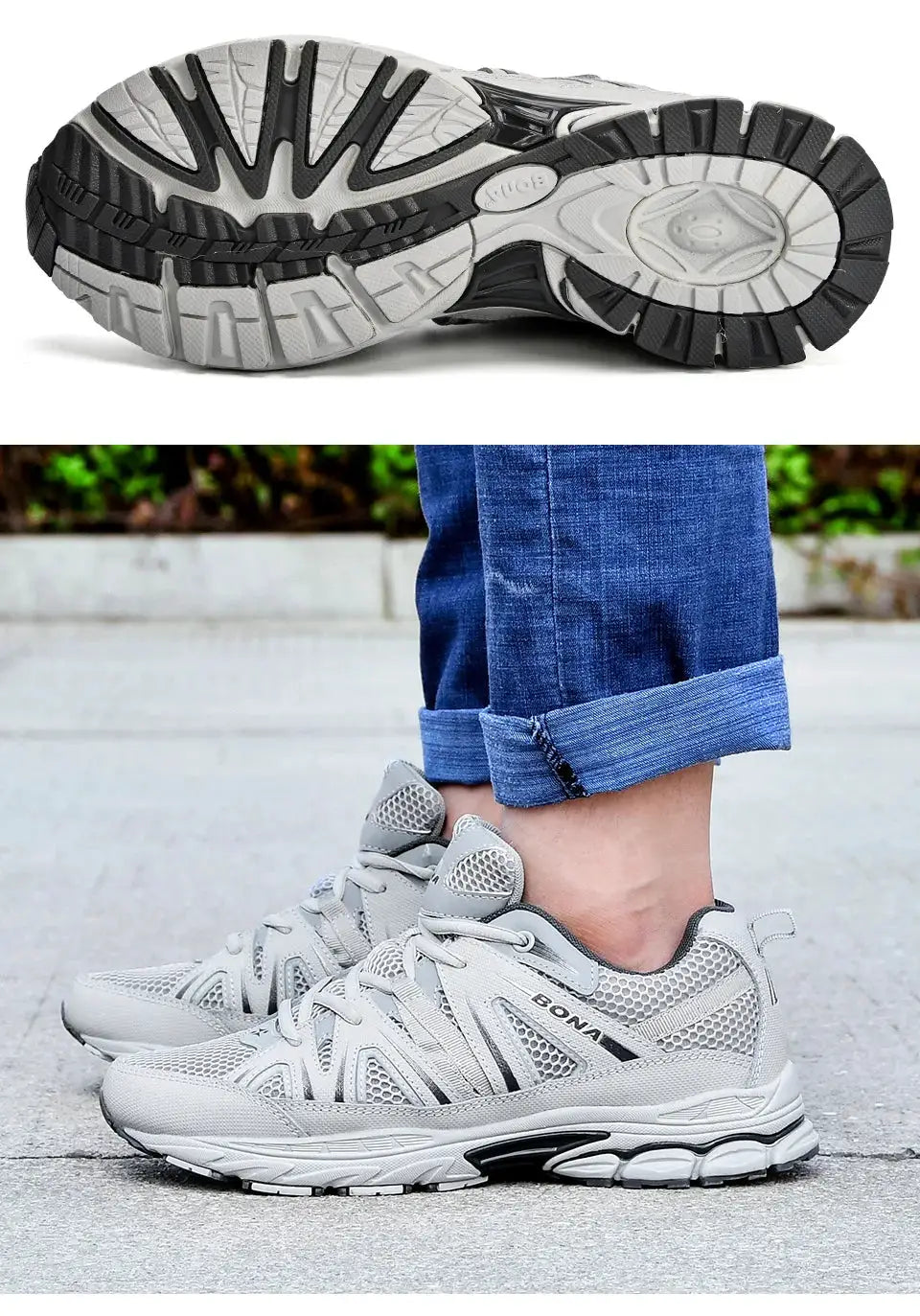 BONA men's running shoes, grey mesh upper with microfiber overlays