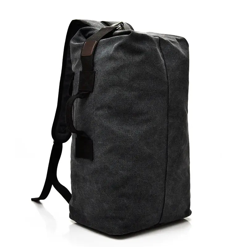 Men's travel backpack charcoal gray canvas bucket bag with top handle and shoulder straps, large capacity.