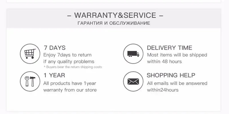 Warranty and service panel with icons for 7-day returns, 48-hour delivery, 1-year warranty, and 24-hour support.