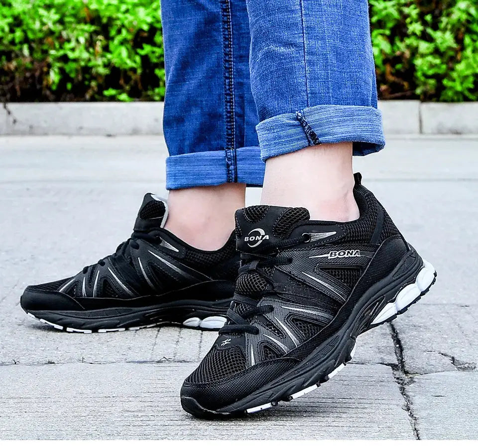 BONA pair of men's running shoes, black mesh microfiber sneakers with lace-up closure and white sole