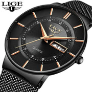 LIGE men's black dial quartz watch with rose-gold markers, mesh stainless steel strap and day-date window